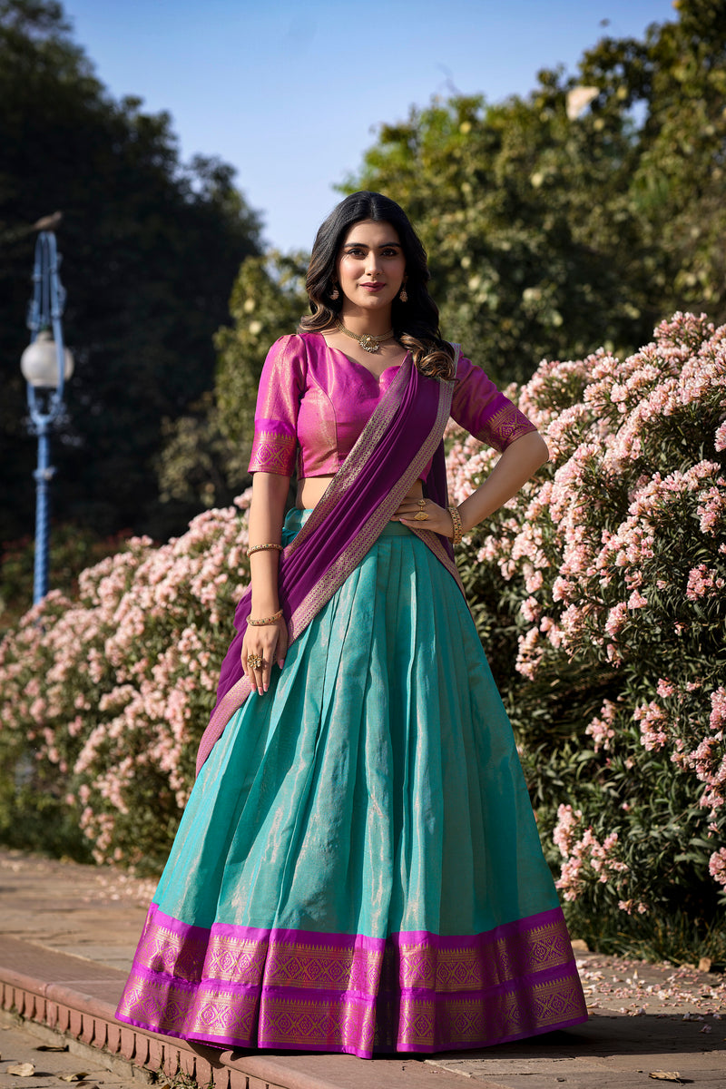 Doli - Kanchipuram Zari Weaving Work Sky Blue Lehenga Choli Set - JMS Studio