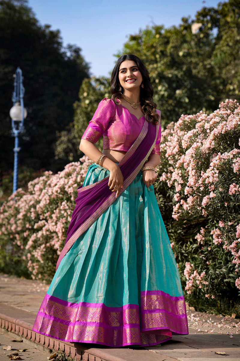 Doli - Kanchipuram Zari Weaving Work Sky Blue Lehenga Choli Set - JMS Studio