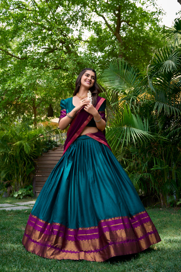 Doli - South Style Poly Cotton Half Saree Teal Lehenga Choli Set - JMS Studio