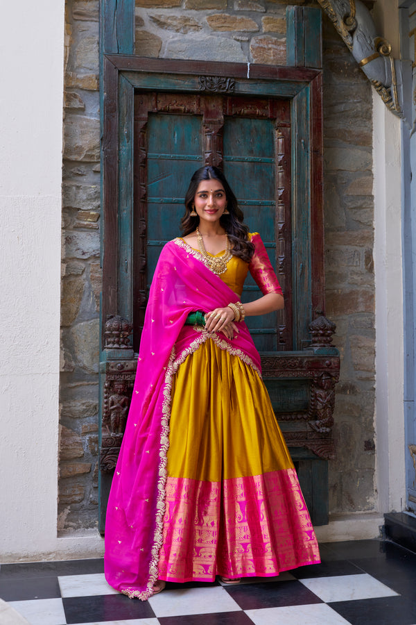 Doli - A Touch of South Indian Grace Mustard Zari Weaving Lehenga Choli - JMS Studio