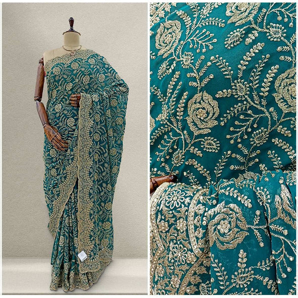 JMS_Studio Designer Stone Work Georgette Partywear Rama Green Saree