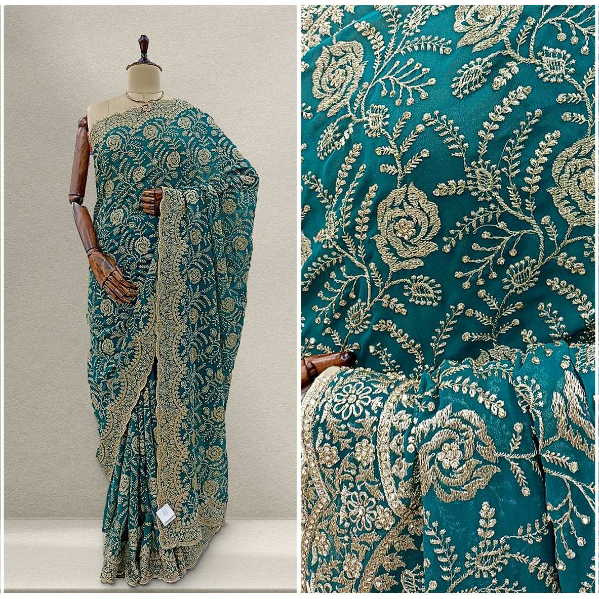 JMS_Studio Designer Stone Work Georgette Partywear Rama Green Saree