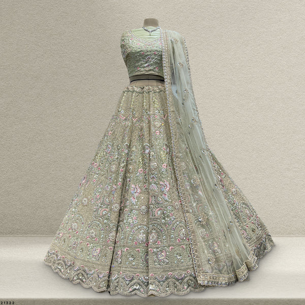 Cherry Blossom - Big Flair Flowy Reception Engagement Lehenga Pistachio Color - JMS Studio