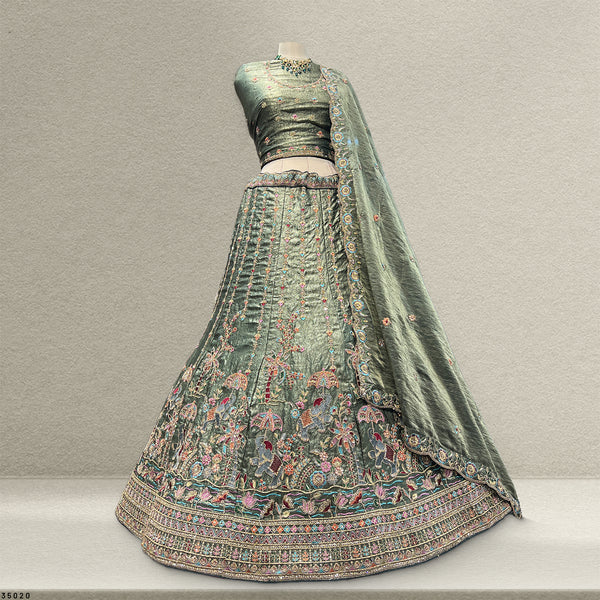 Padmini - Tissue Silk Zari & Resham Work Partywear Olive Lehenga