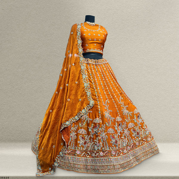 Padmini - Tissue Silk Zari & Resham Work Partywear Orange Lehenga