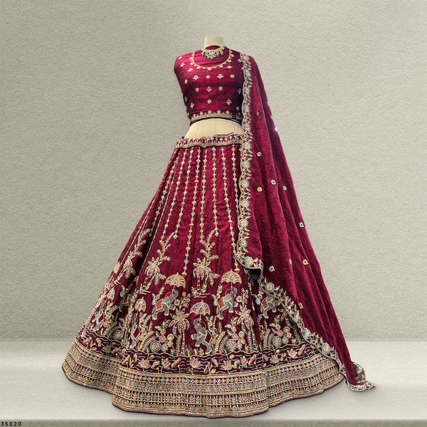 Padmini - Tissue Silk Zari & Resham Work Partywear Maroon Lehenga