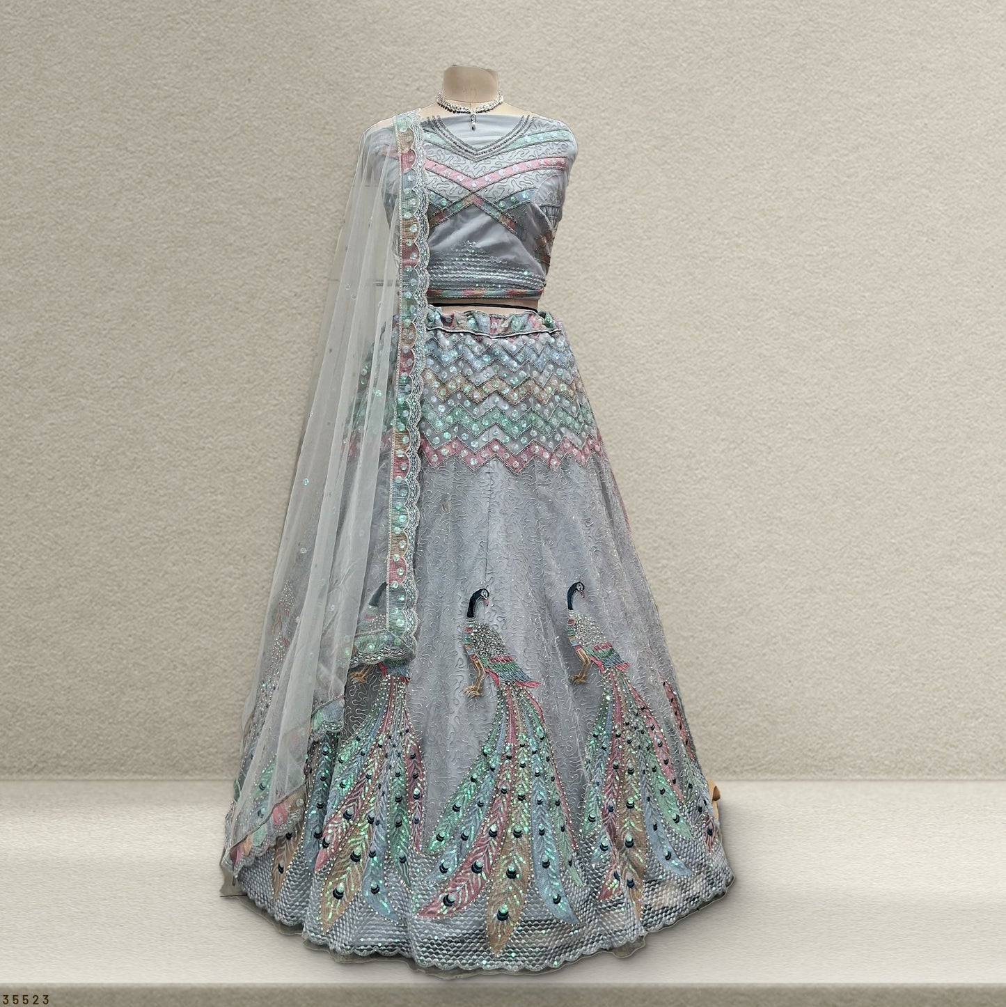 Butterfly - The Dazzling Peacock Motif Bridesmaid Lehenga Grey - JMS Studio