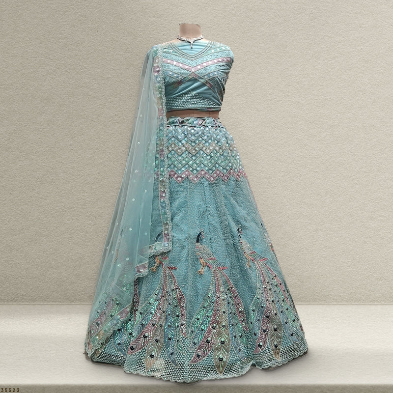 Butterfly - The Dazzling Peacock Motif Bridesmaid Lehenga Teal - JMS Studio