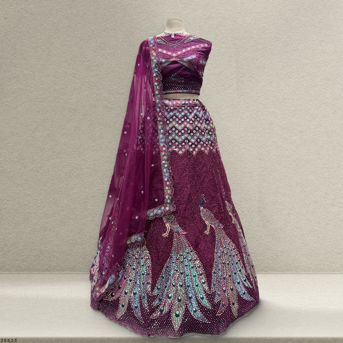 Butterfly - The Dazzling Peacock Motif Bridesmaid Lehenga Wine - JMS Studio