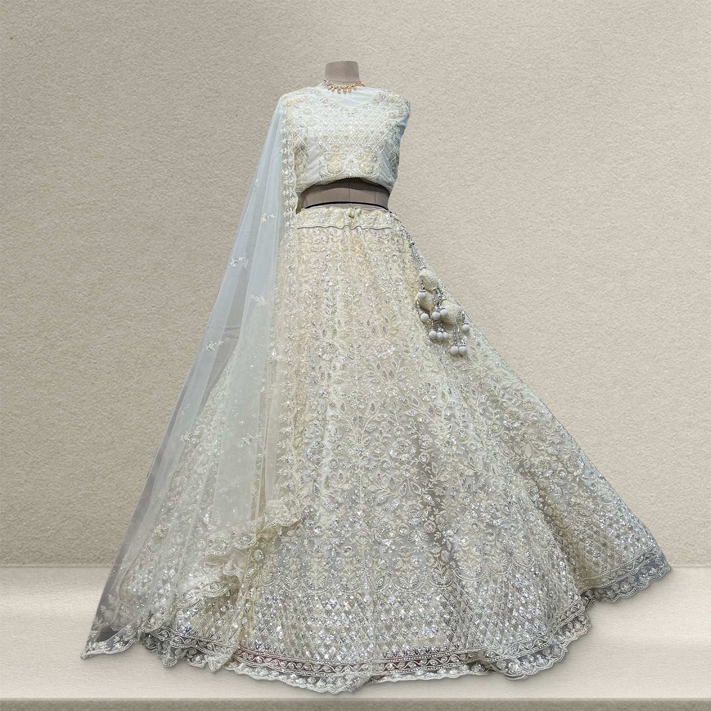 Jazzagals - Beads & Pearls Handwork Off White Reception Lehenga