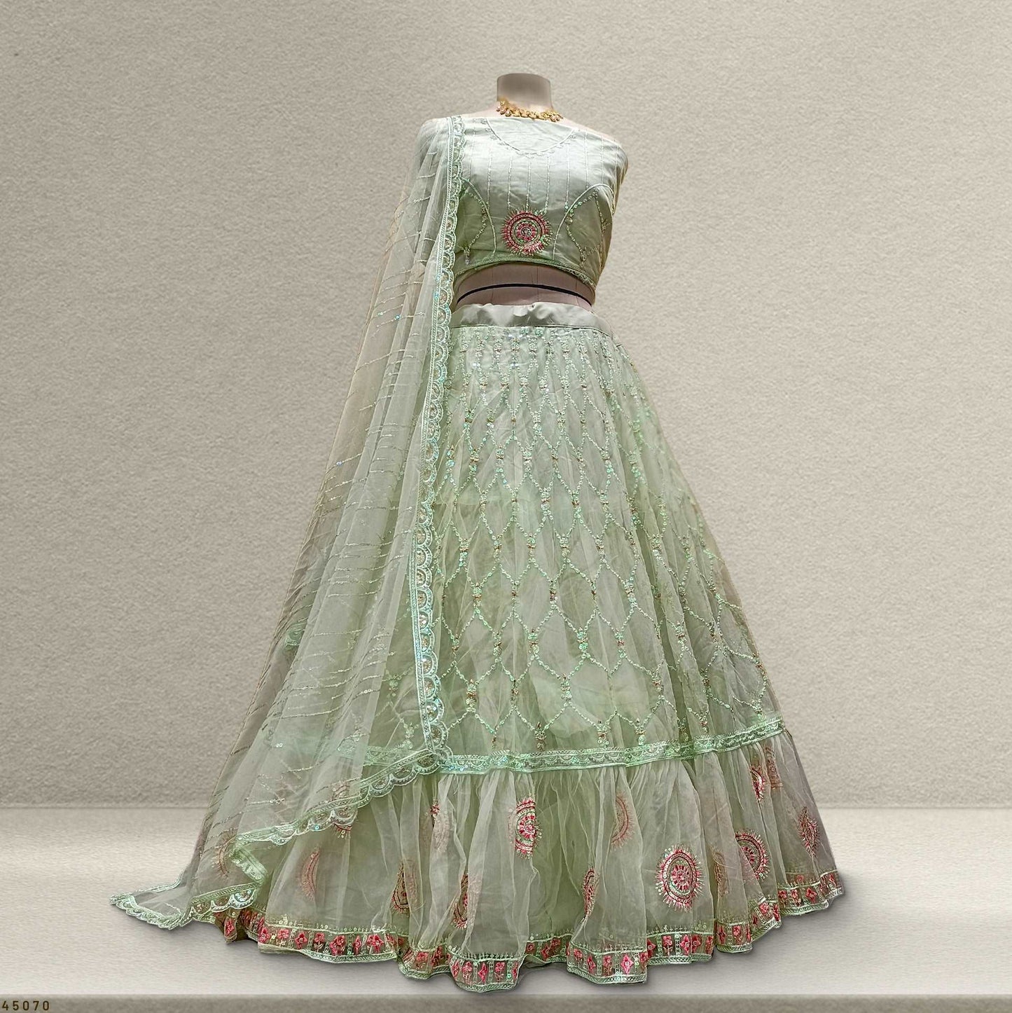Butterfly - Lightweight Big Flared Sage Green Sider Lehenga JMS Studio {{ Royal Red Bridal Lehenga}}