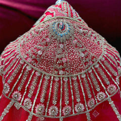 Dulhan in Royal Red Bridal Lehenga : Double Dupatta Raw Silk Flared Lehenga
