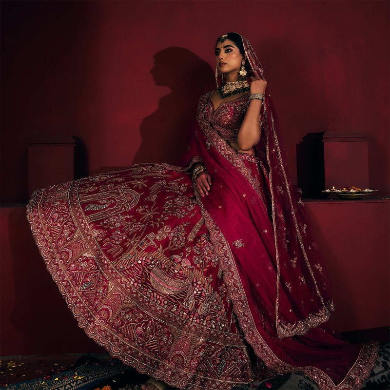 Dulhan in Rani Pink Lehenga : Peacock Design Double Dupatta Bridal Lehenga