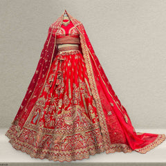 Dulhan in Royal Red Bridal Lehenga : Double Dupatta Raw Silk Flared Lehenga