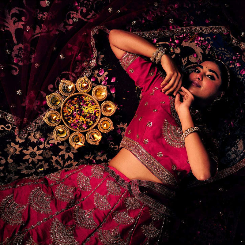 Handwork Rani Pink Bridal Lehenga : Double Dupatta Minimal Style Flared Lehenga