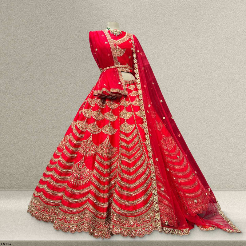 Handwork Royal Red Bridal Lehenga : Double Dupatta Minimal Style Flared Lehenga