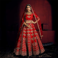 Handwork Royal Red Bridal Lehenga : Double Dupatta Minimal Style Flared Lehenga