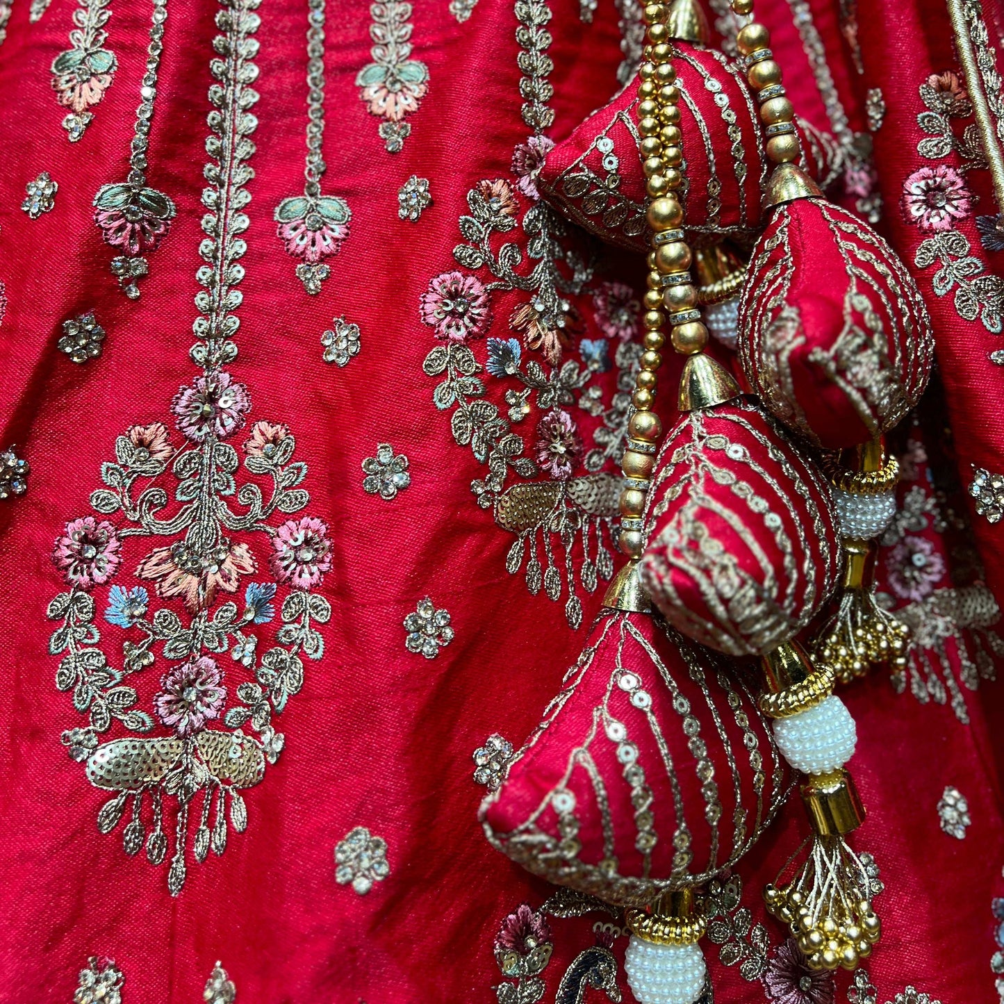 Dulhan in Royal Red Bridal Lehenga : Double Dupatta Raw Silk Flared Lehenga