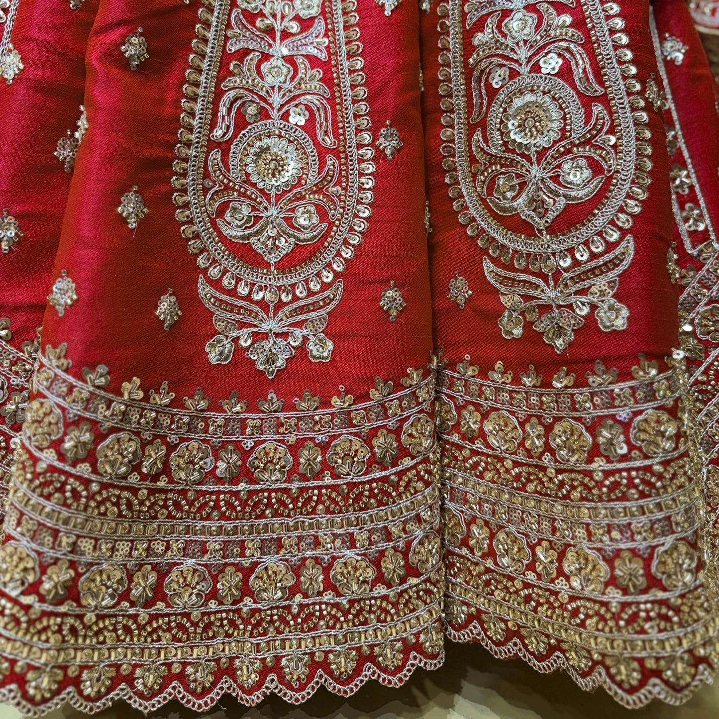 Dulhan in Royal Red Bridal Lehenga : Double Dupatta Raw Silk Flared Lehenga