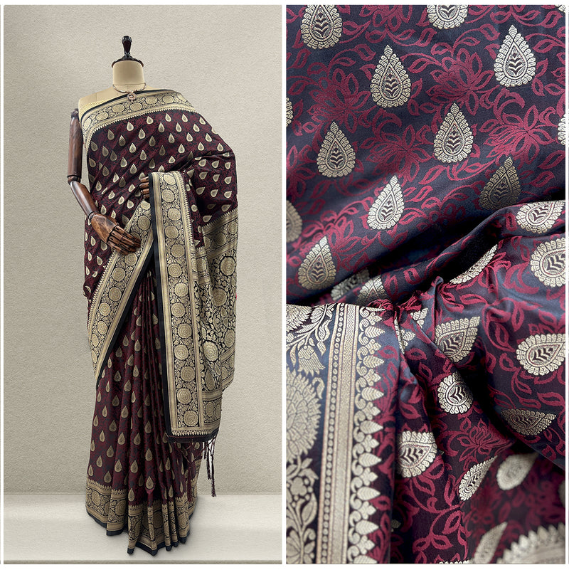 JMS Studio Woven Maroon Kanjivaram Style Saree with Golden Zari