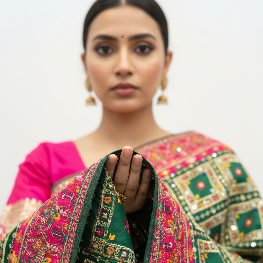 JMS_Studio Gharchola Series Green Pink Resham Work Wedding Saree