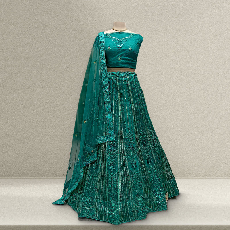 Aisha - Soft Net Sequins Work Monotone Partywear Sider Lehenga - Green JMS Studio {{ Royal Red Bridal Lehenga}}