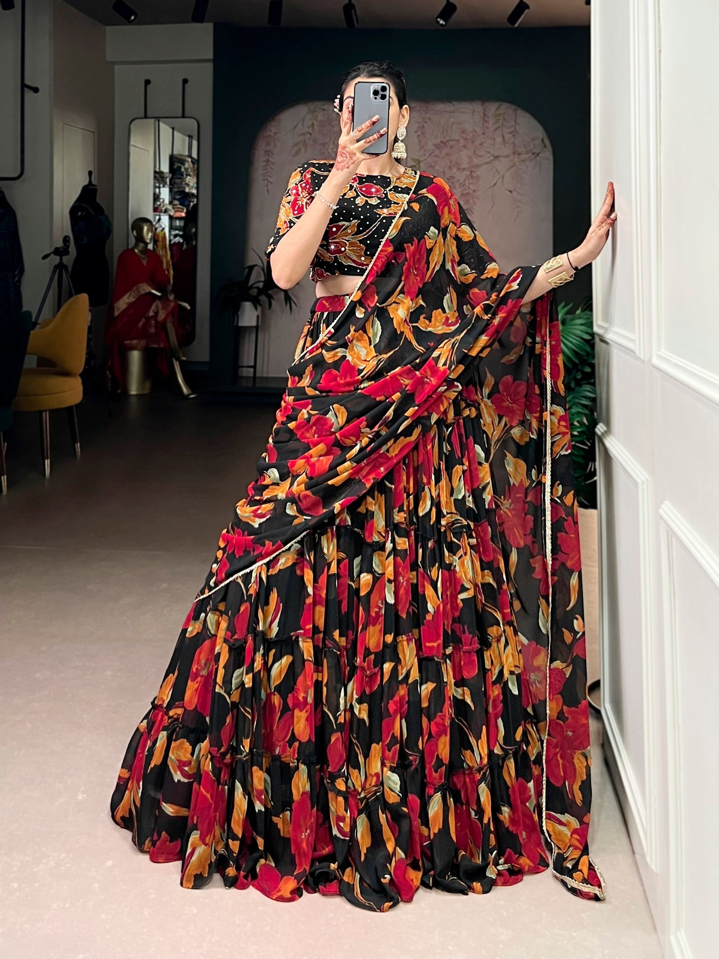 Butterfly - Vibrant Floral Print Flared Chiffon Lehenga Choli - Black