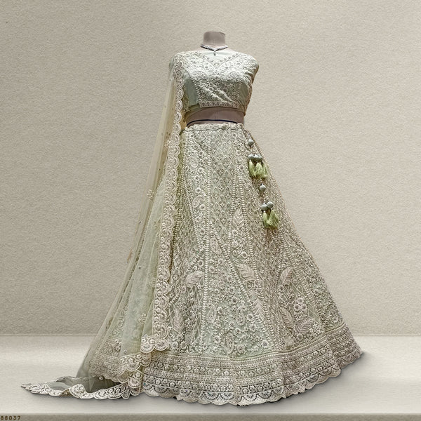 Jazzagals - Monotone Luckhnawi work Partywear Pistachio Net Lehenga JMS Studio {{ Royal Red Bridal Lehenga}}