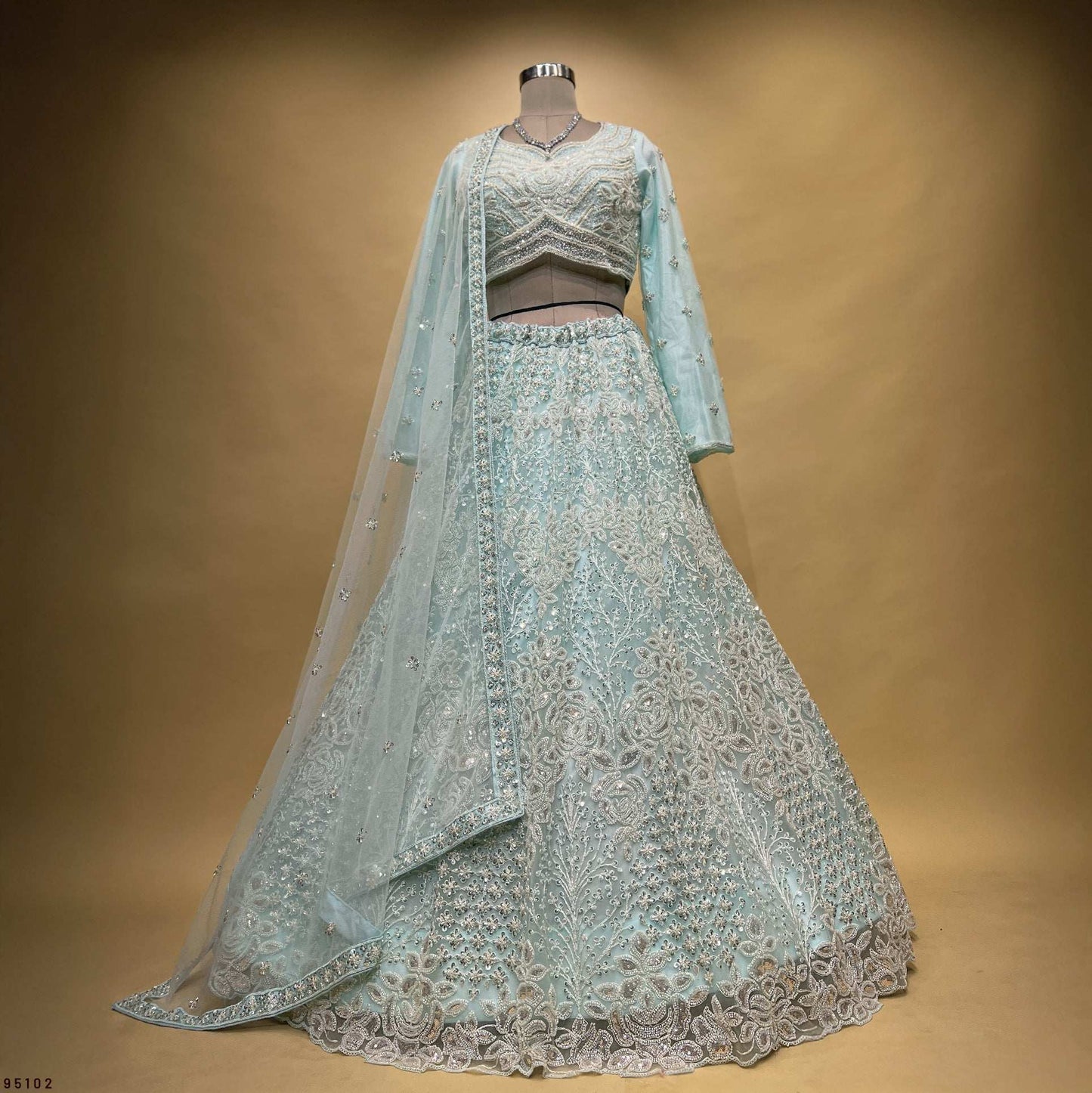 Jazzagals - Beads & Pearls Handwork Sky Blue Engagement Lehenga