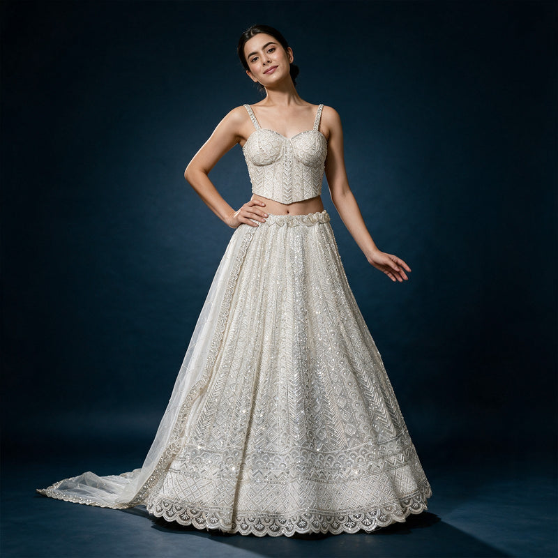 Off White Net Corset Blouse Lehenga with Beadwork, Pre-Stitched Free Size for Engagement & Sangeet