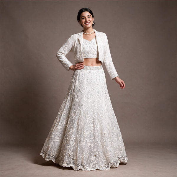 Jazzagals - White Indo-Western Cutdana Beads Handwork Lehenga Set with Jacket