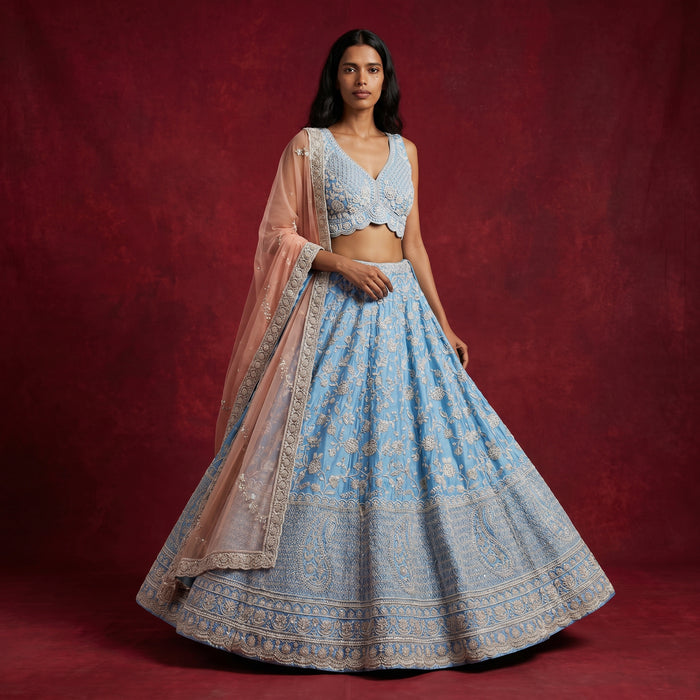 Royalty - Azure Blue Viscose Raw Silk Pearl & Cutdana Lehenga