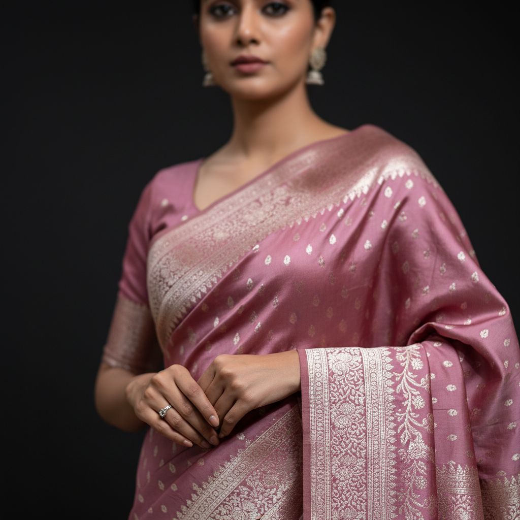 Soft Satin Silk Saree With Zari Border Pallu in Floral Design with Blouse