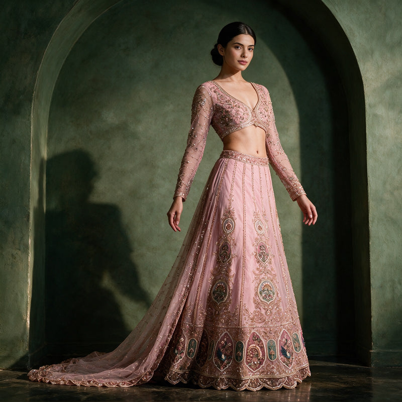 Celestial - Baby Pink Net Resham Pearl Cutdana Medallion Lehenga, Ready to Wear with Heavy Jaal Dupatta
