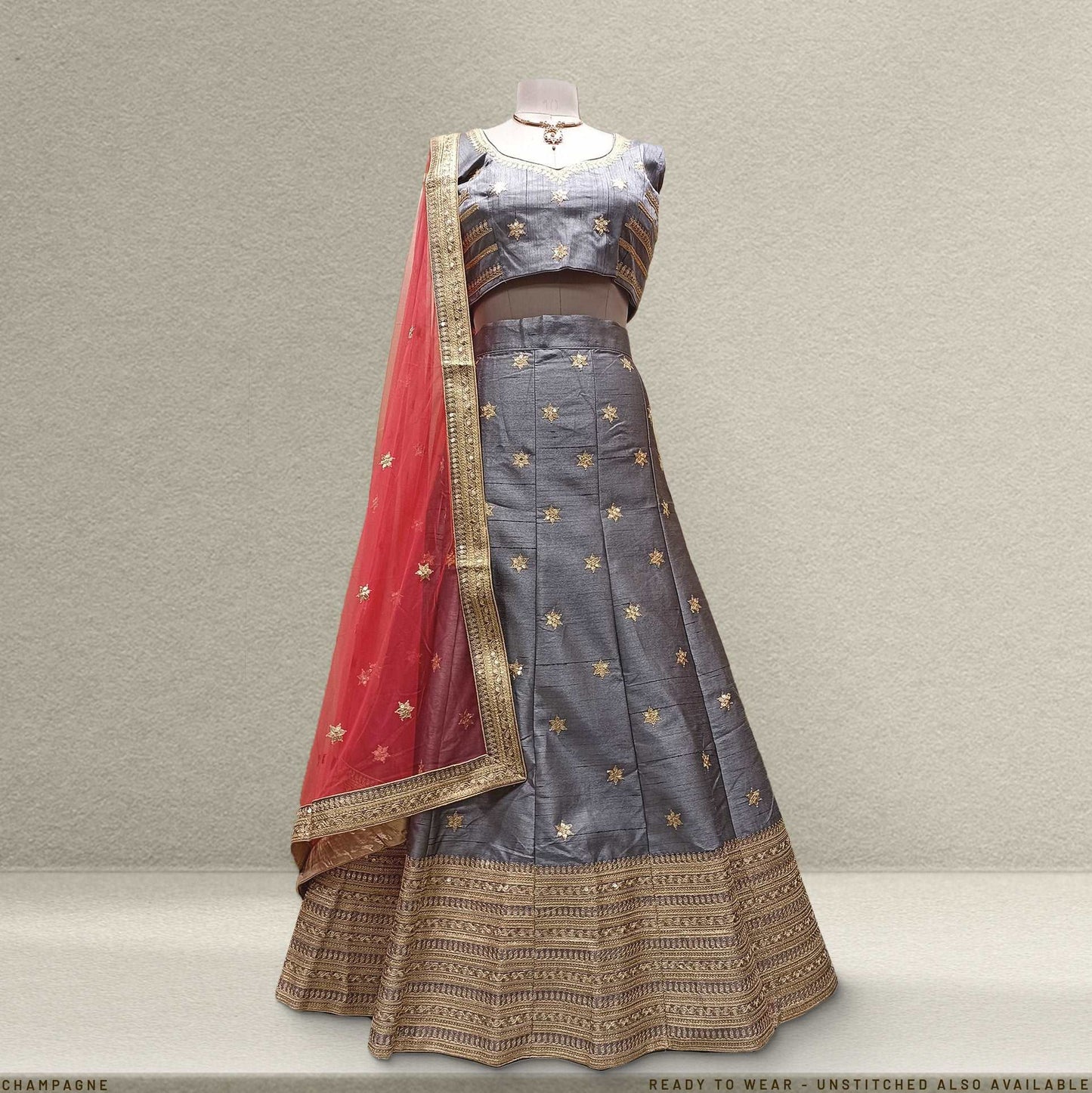 Champagne - Ready-to-Wear Grey Silk Sider Lehenga JMS Studio {{ Royal Red Bridal Lehenga}}