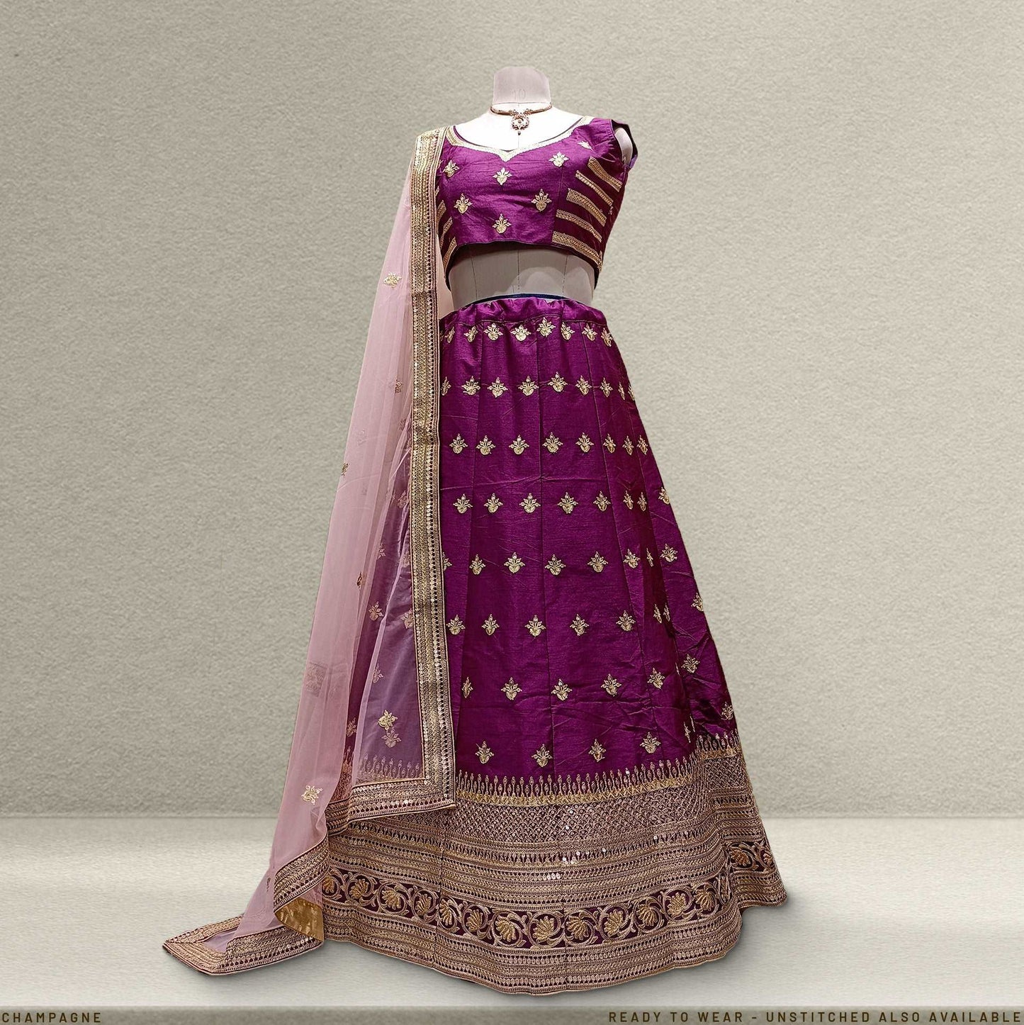 Champagne - Ready-to-Wear Wine Color Silk Sider Lehenga JMS Studio {{ Royal Red Bridal Lehenga}}
