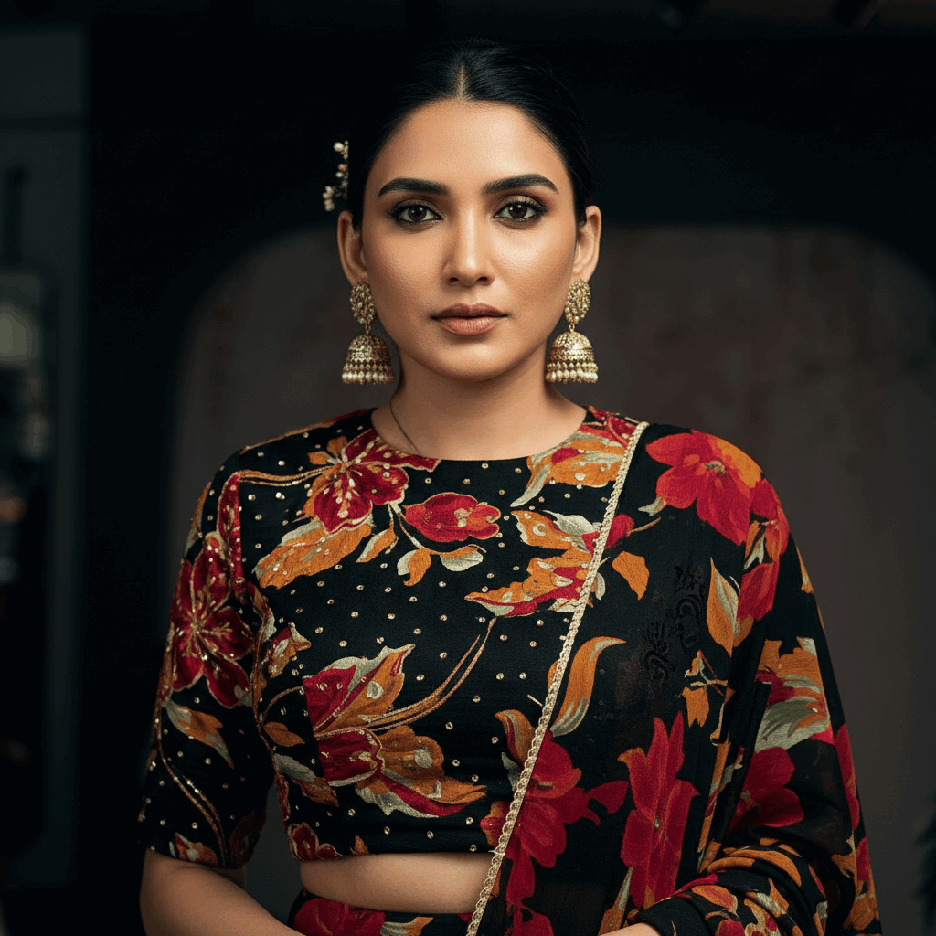 Butterfly - Chiffon Floral Print Flared Lightweight Lehenga Choli Black