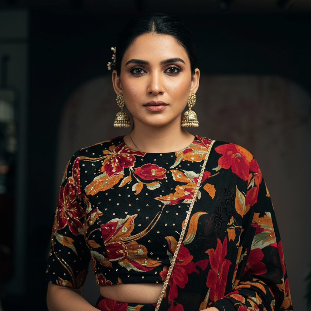 Butterfly - Chiffon Floral Print Flared Lightweight Lehenga Choli Black