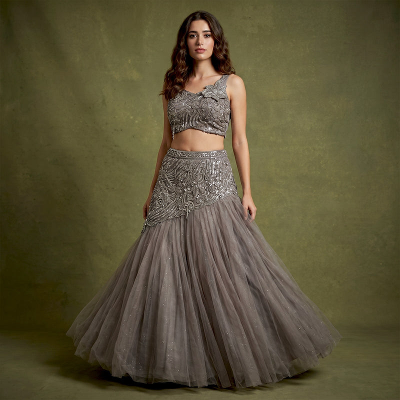 Smoke Grey Net Fish Cut Lehenga with Beaded Draped Yoke and Floral Blouse for Engagement & Sangeet