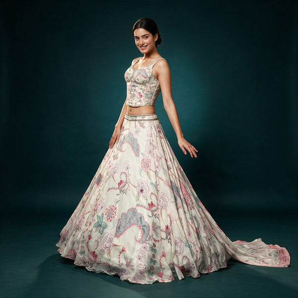 Varnali - Off White Silk Floral Print Corset Lehenga, Ready to Wear with Handwork Blouse