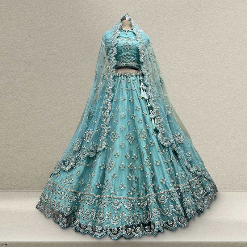 Jazzagals - The Modern Mirror Work Teal Reception Lehenga - JMS Studio