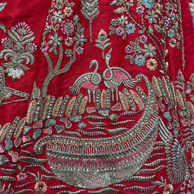 Dulhan in Royal Red Bridal Lehenga : Double Dupatta Raw Silk Flared Lehenga