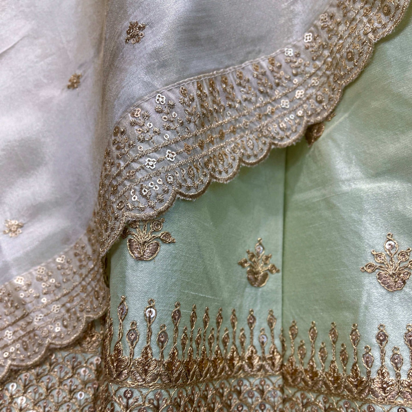 Royal Baggi - Raw Silk 20 Kali Flared Minimal Designer Lehenga - Pistachio Cream