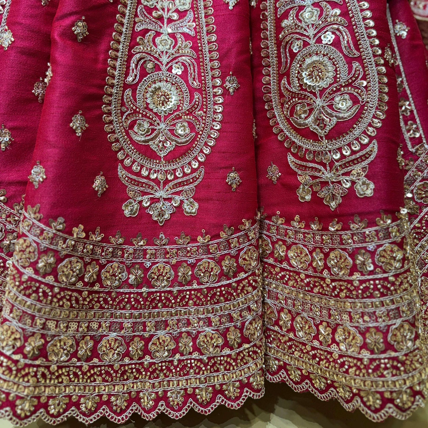 Dulhan in Rani Pink Bridal Lehenga : Double Dupatta Raw Silk Flared Lehenga