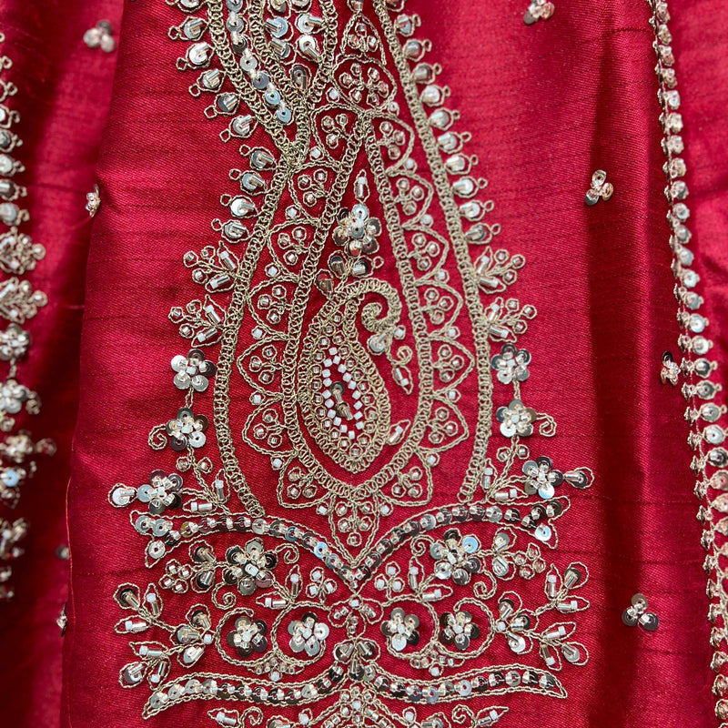 Sangria : Cutdana Pearls Handwork Royal Red Bridal Lehenga