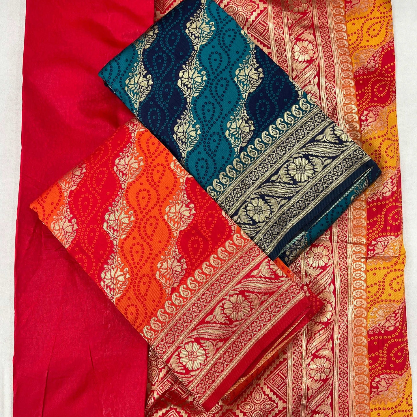 Bandhej Pattern Banarasi Silk Saree JMS Studio {{ Royal Red Bridal Lehenga}}