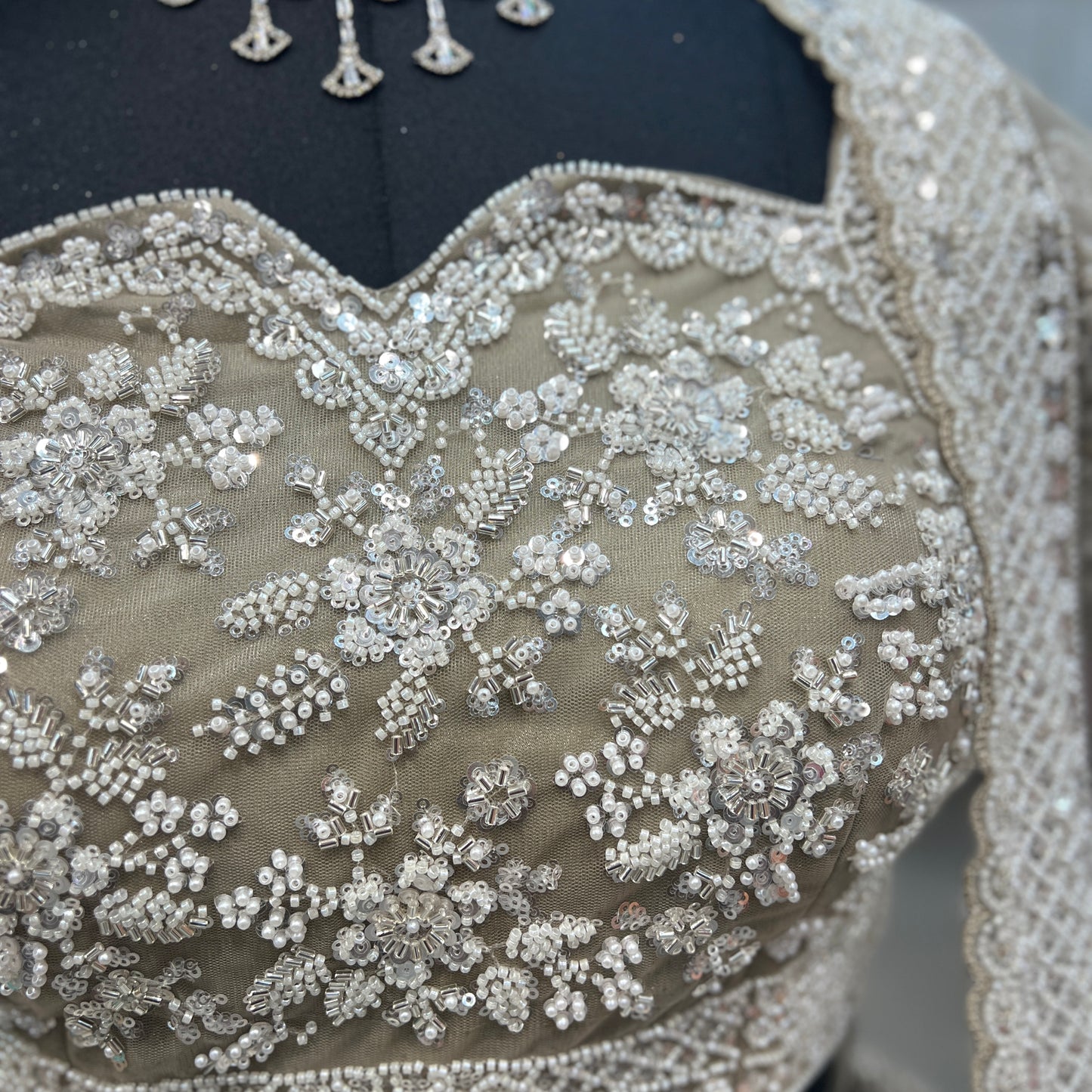 Jazzagals - Delicate Pearl Cutdana Handwork Couture Lehenga Sage Green - JMS Studio