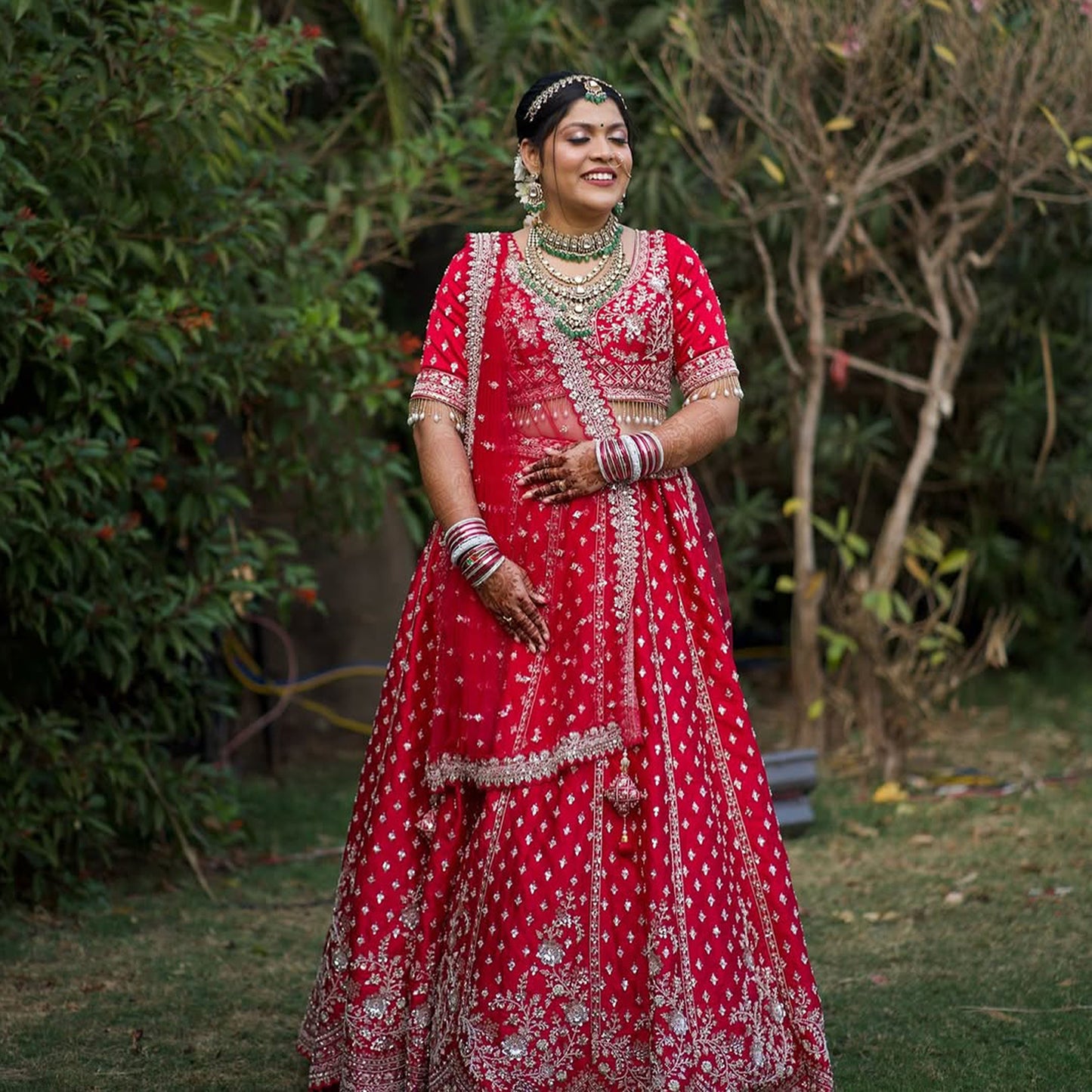Sangria : Cutdana Pearls Handwork Royal Red Bridal Lehenga