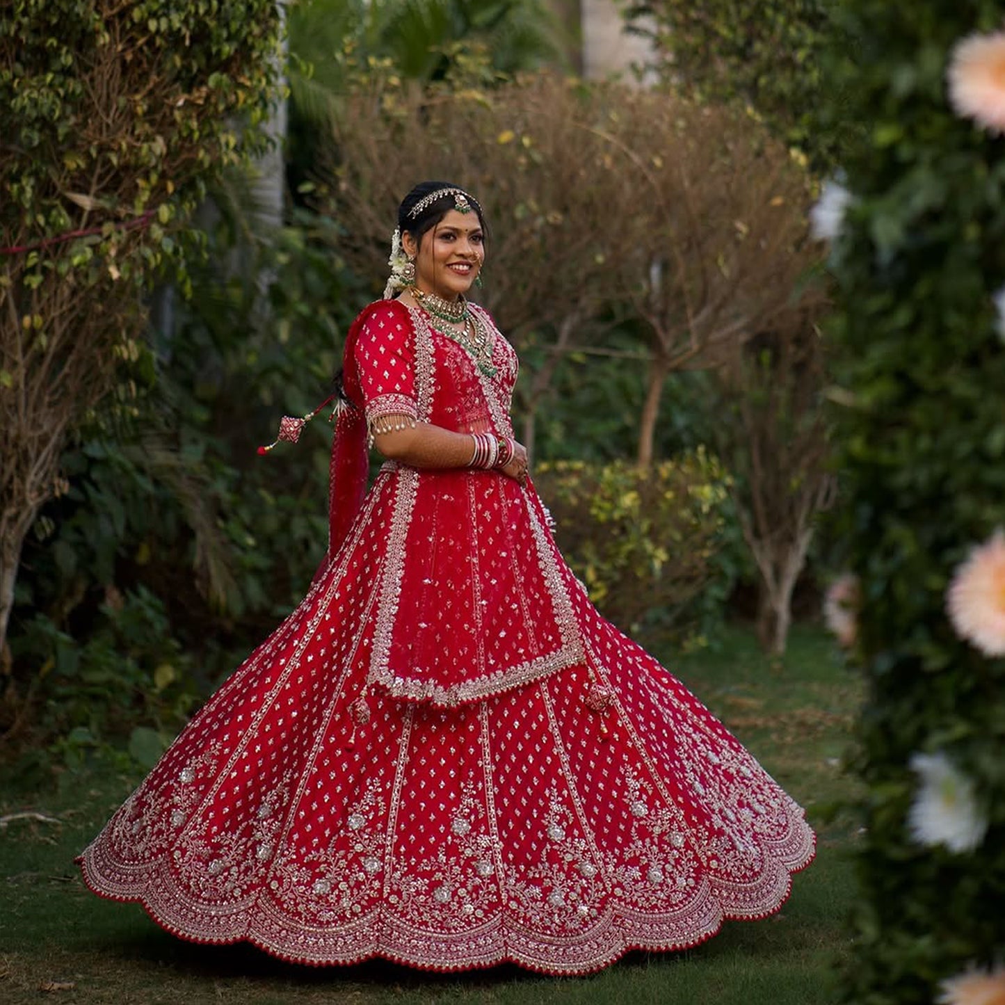 Sangria : Cutdana Pearls Handwork Royal Red Bridal Lehenga