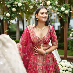 Amrapali - Flared Raw Silk Fuchsia Red Royal Designer Lehenga